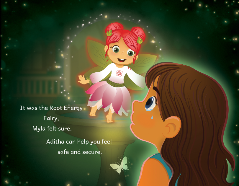 Glowing fairy hovers before a child in a green, magical scene with text about feeling safe and secure