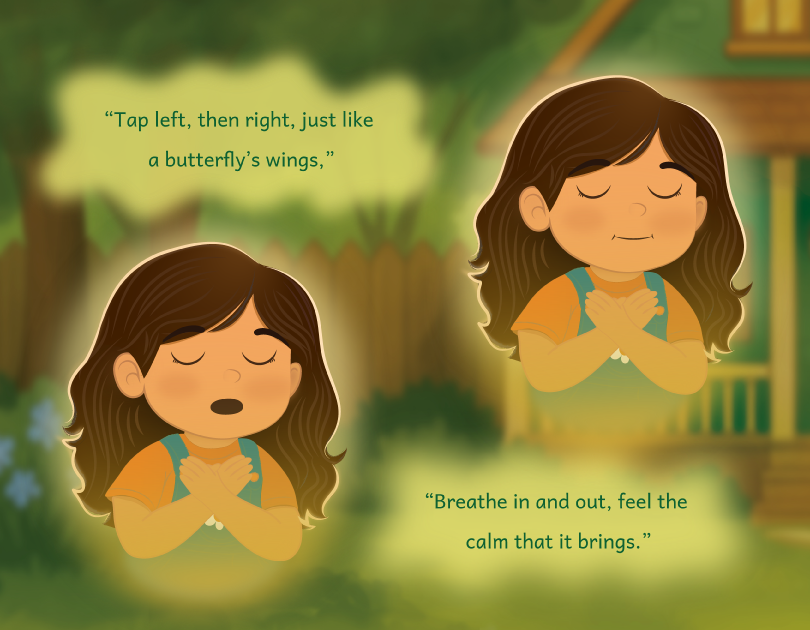 Two children in orange shirts practice butterfly breathing on a soft green background with calming text.