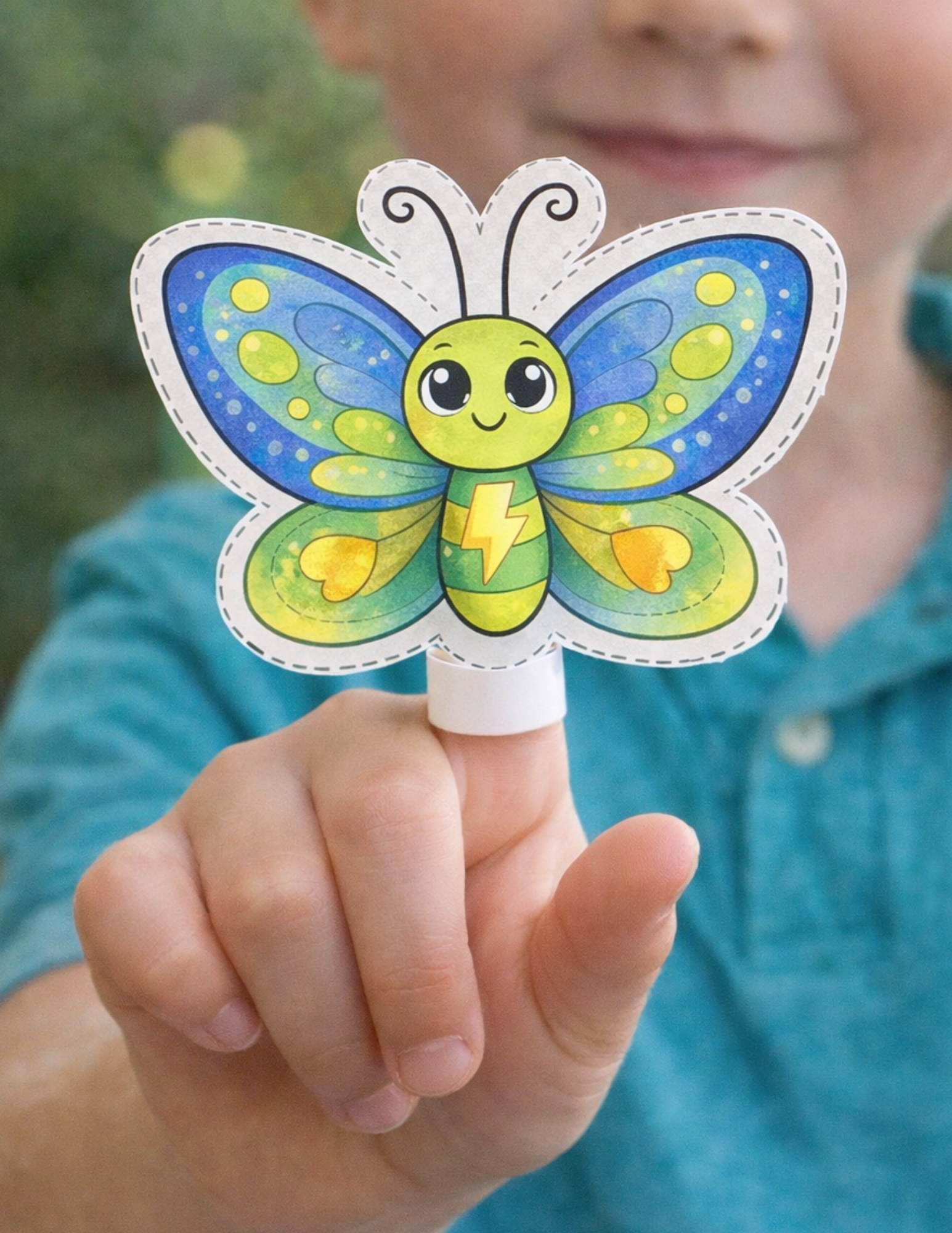 A hand holds a colorful, illustrated paper butterfly puppet on a finger. The butterfly has blue, yellow, and green wings.