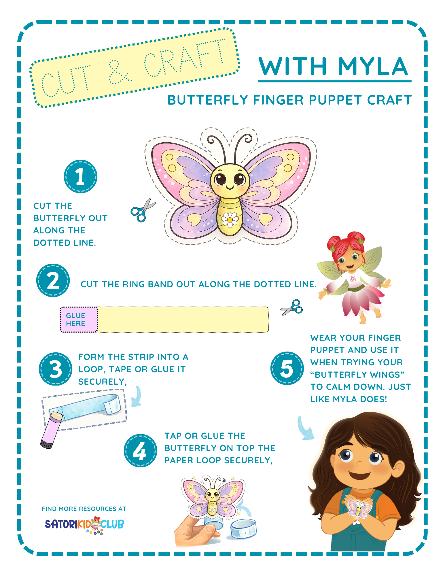 Butterfly finger puppet craft guide with Myla, showing steps and a colorful butterfly puppet.