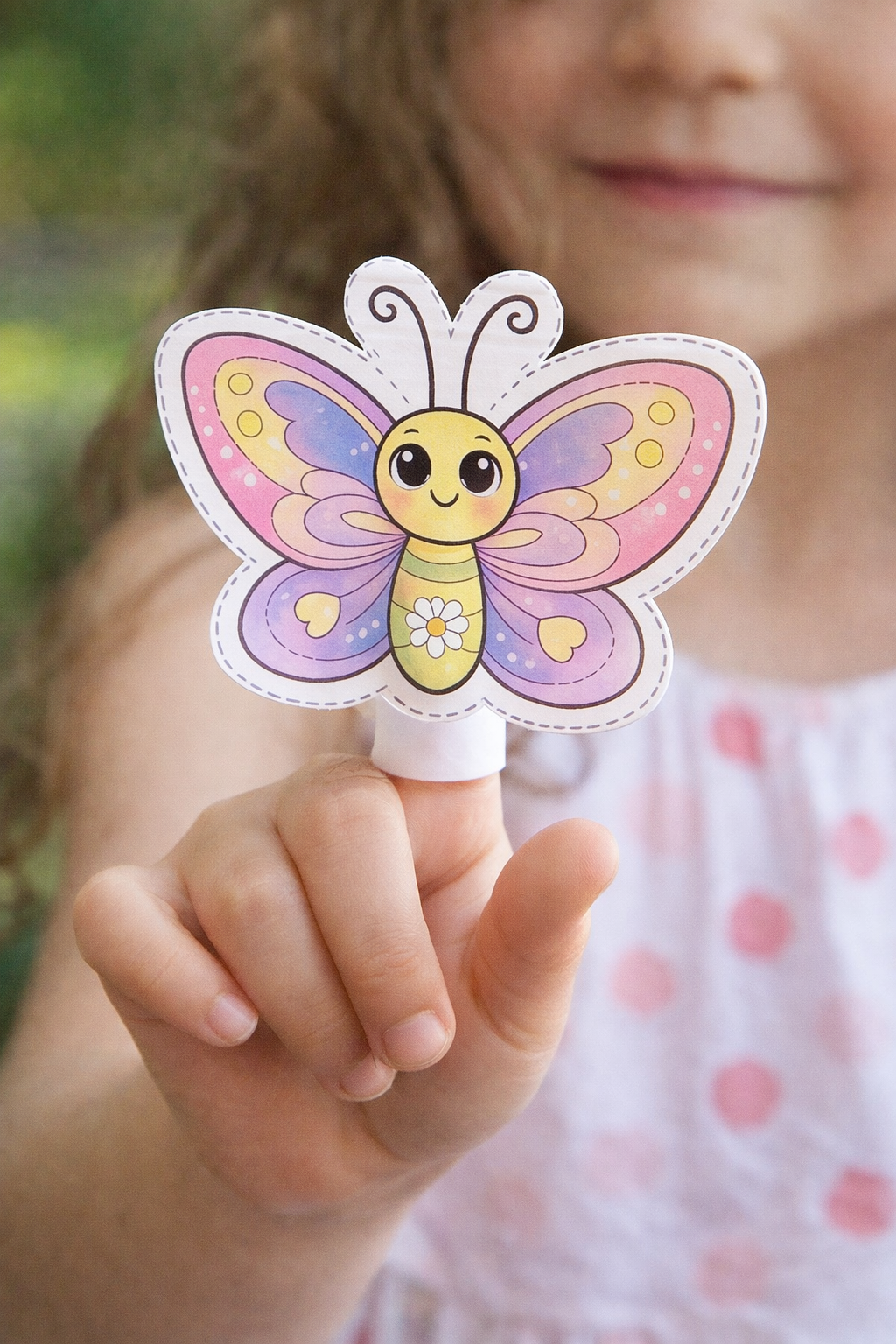 Butterfly-shaped craft with pastel wings and a smiling face held by a child