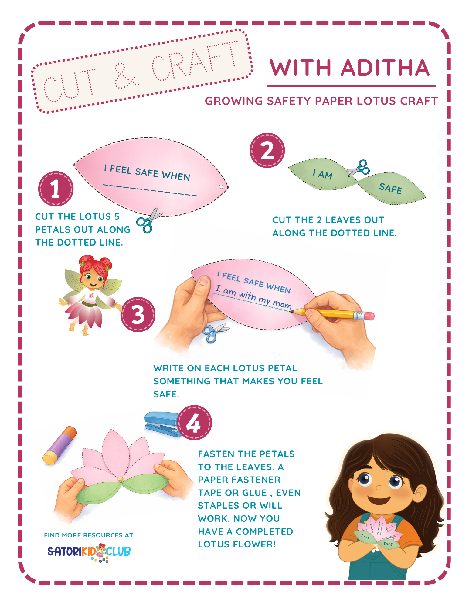 Paper craft tutorial with numbered steps, pastel leaves, and a cartoon girl holding a flower bouquet. Satori Kid Club