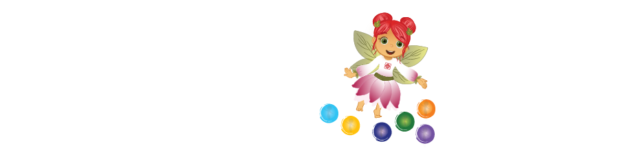 A fairy with red hair and wings is flying above colorful balls.