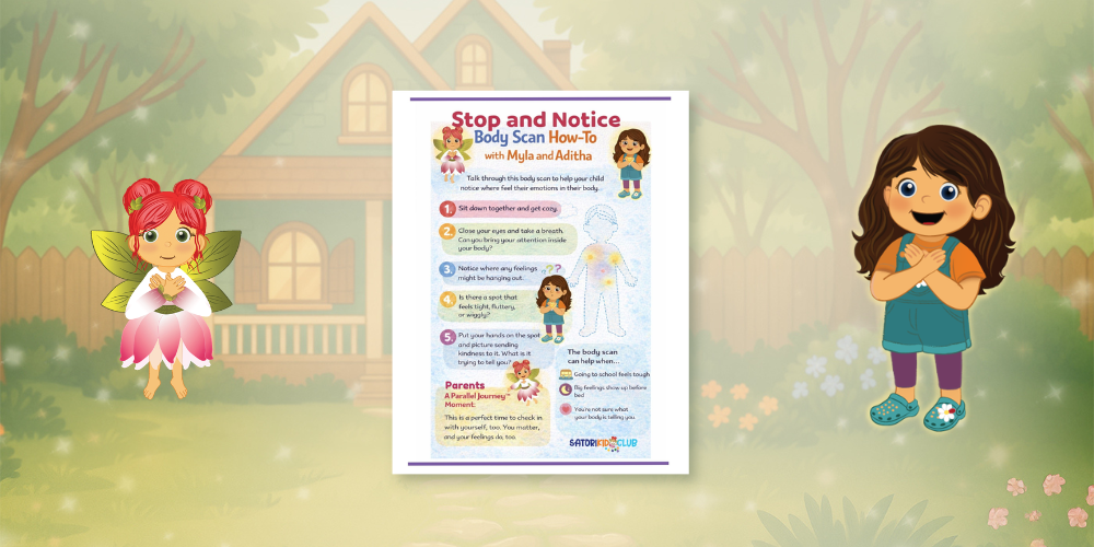 Stop and Notice poster centered between two smiling cartoon children in a classroom setting