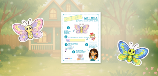 Butterfly worksheet centered on a pastel garden background with two colorful butterflies and a house silhouette