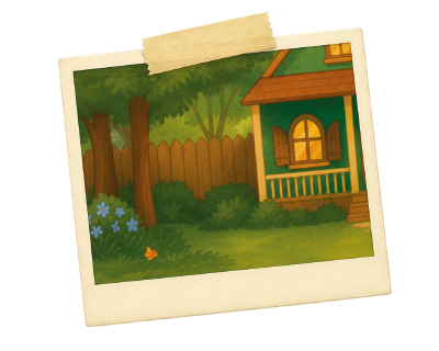 Cozy cottage beside a wooden fence, with green trees, flowers, and a warmly lit window.