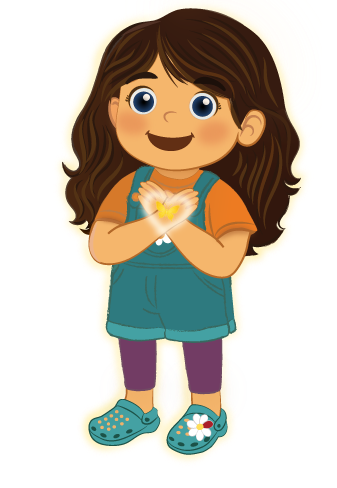 A Is for Angry- Myla Feels Angry - trace the Letter. A girl with wavy hair wearing overalls, frowning.