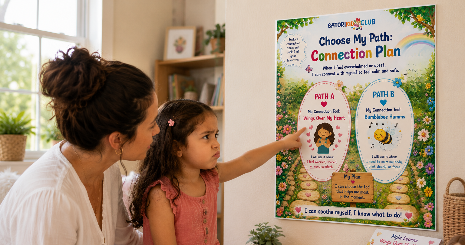 Woman and child viewing a colorful “Satori Kid Club Choose My Path : Connection Plan” conservation plan poster in a bright play room. 
