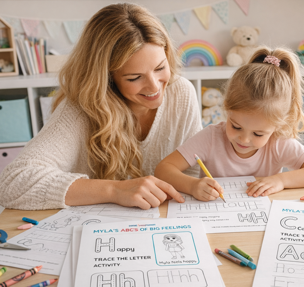 Woman and child drawing together at a table with worksheets and crayons in a bright room