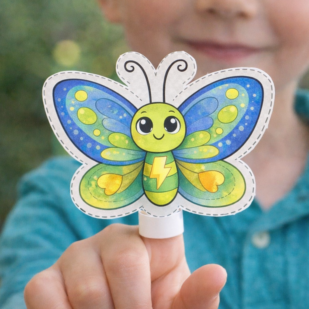 Child holding a colorful butterfly craft with blue, yellow, and green wings in front of their face