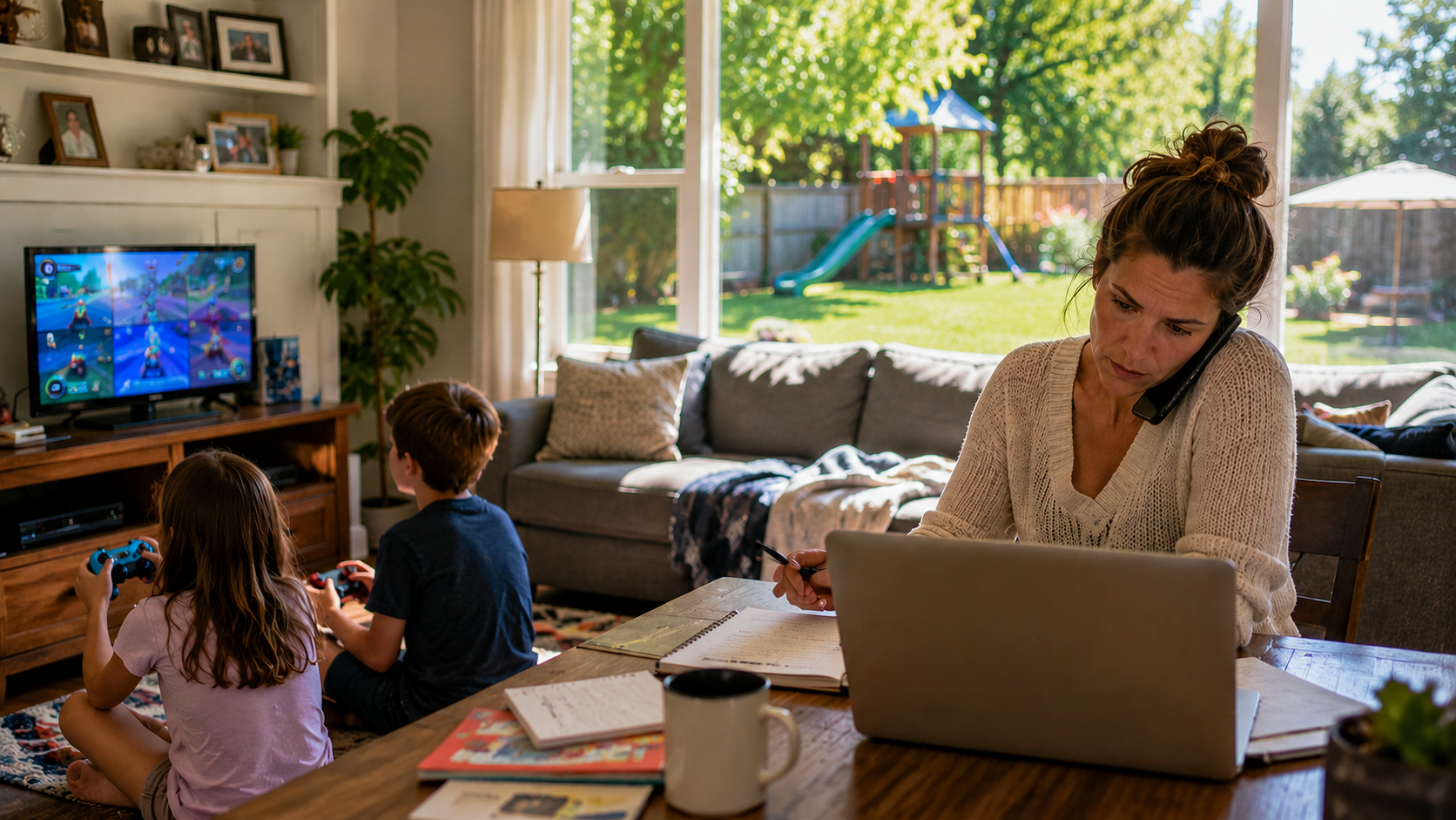 Living room with two children watching TV while an adult works on a laptop at a table near a bright window.