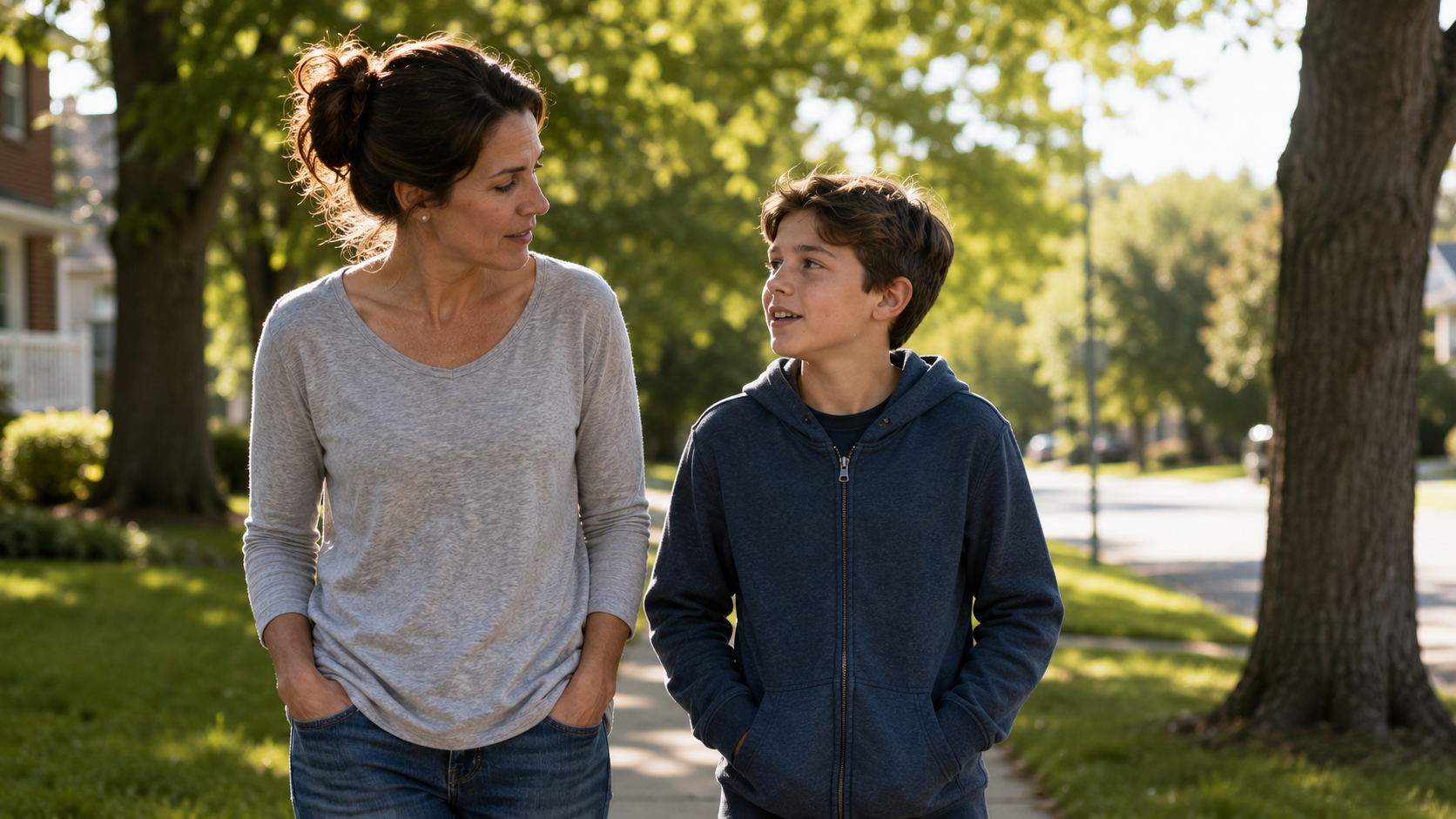 A mother walking with her son together on a sunlit tree-lined path, talking and smiling