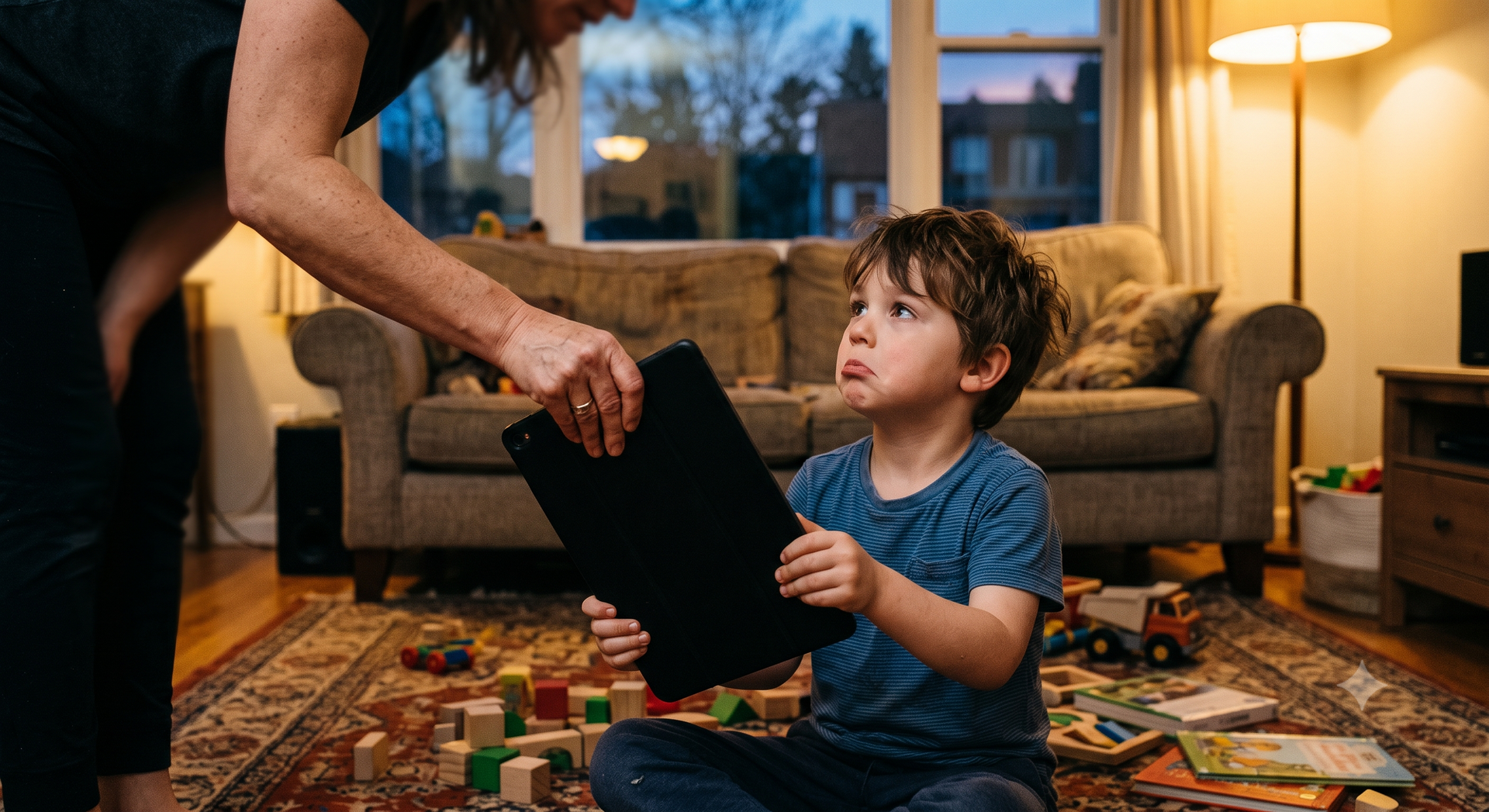 Child seated on a living room rug, reaching for a black tablet held by an adult beside a couch.