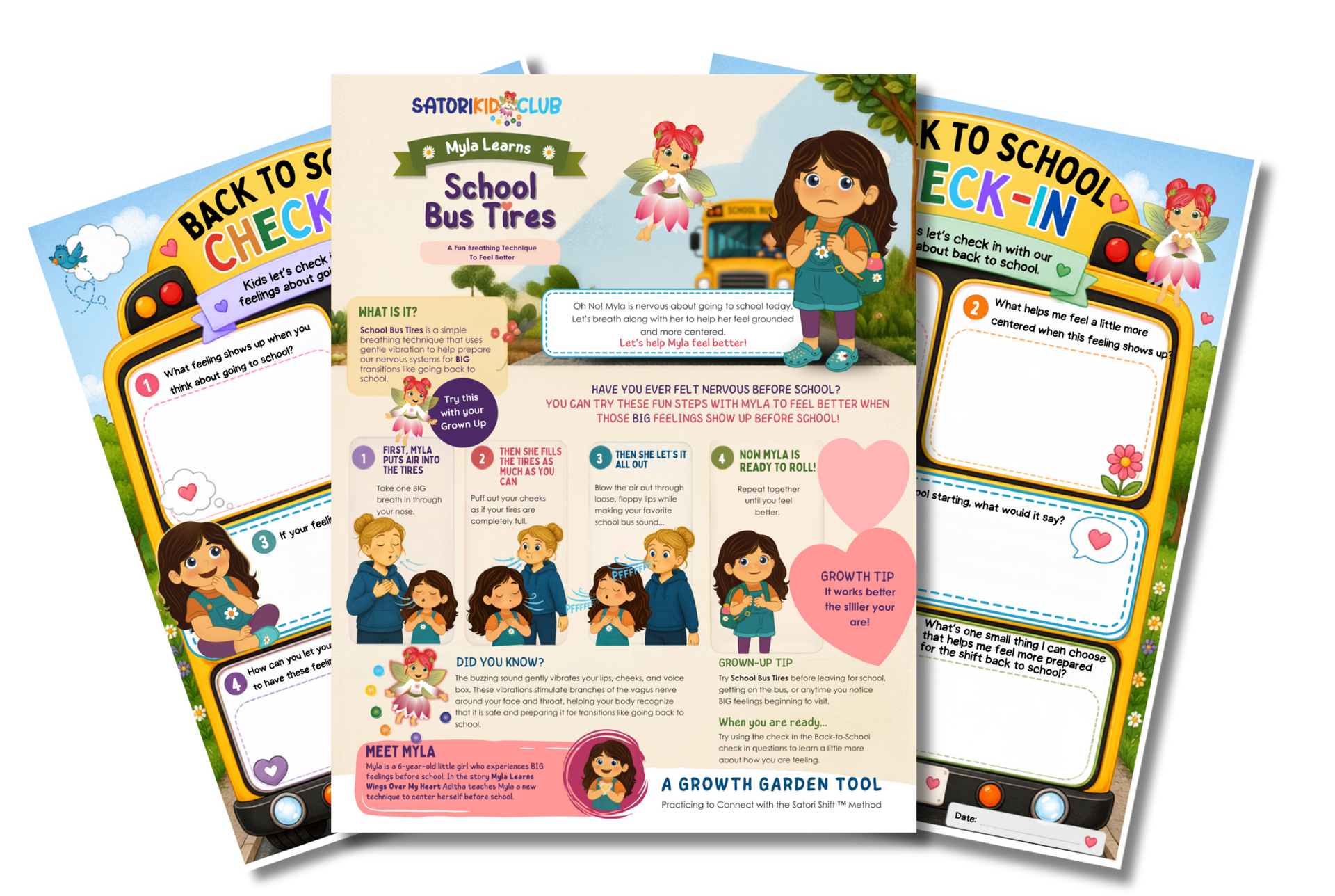 Three colorful “Back to School Check-In” worksheets and a “School Bus Tires” lesson page 