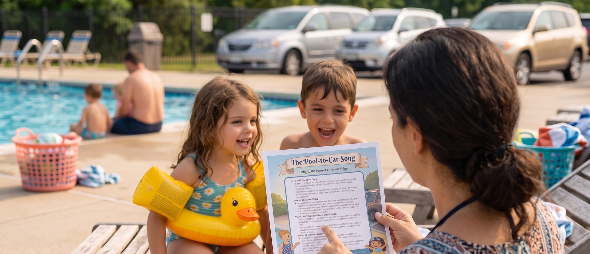 Children at a poolside table smiling at a woman holding a clipboard and reading instructions