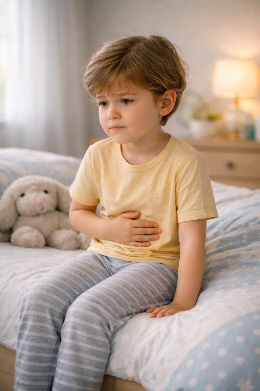 Young child sitting on a bed, holding their stomach, beside a stuffed bunny in a softly lit bedroom.