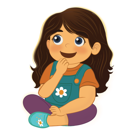 A cartoon girl with brown hair looking upward, smiling, and wearing overalls.