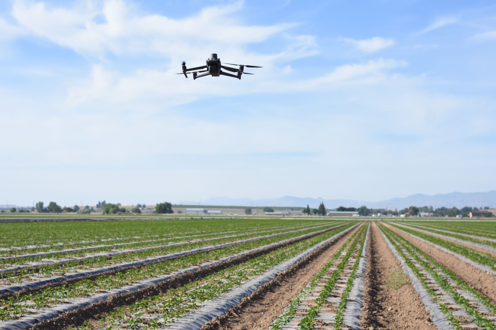 A drone is sitting on top of a case in a field.
