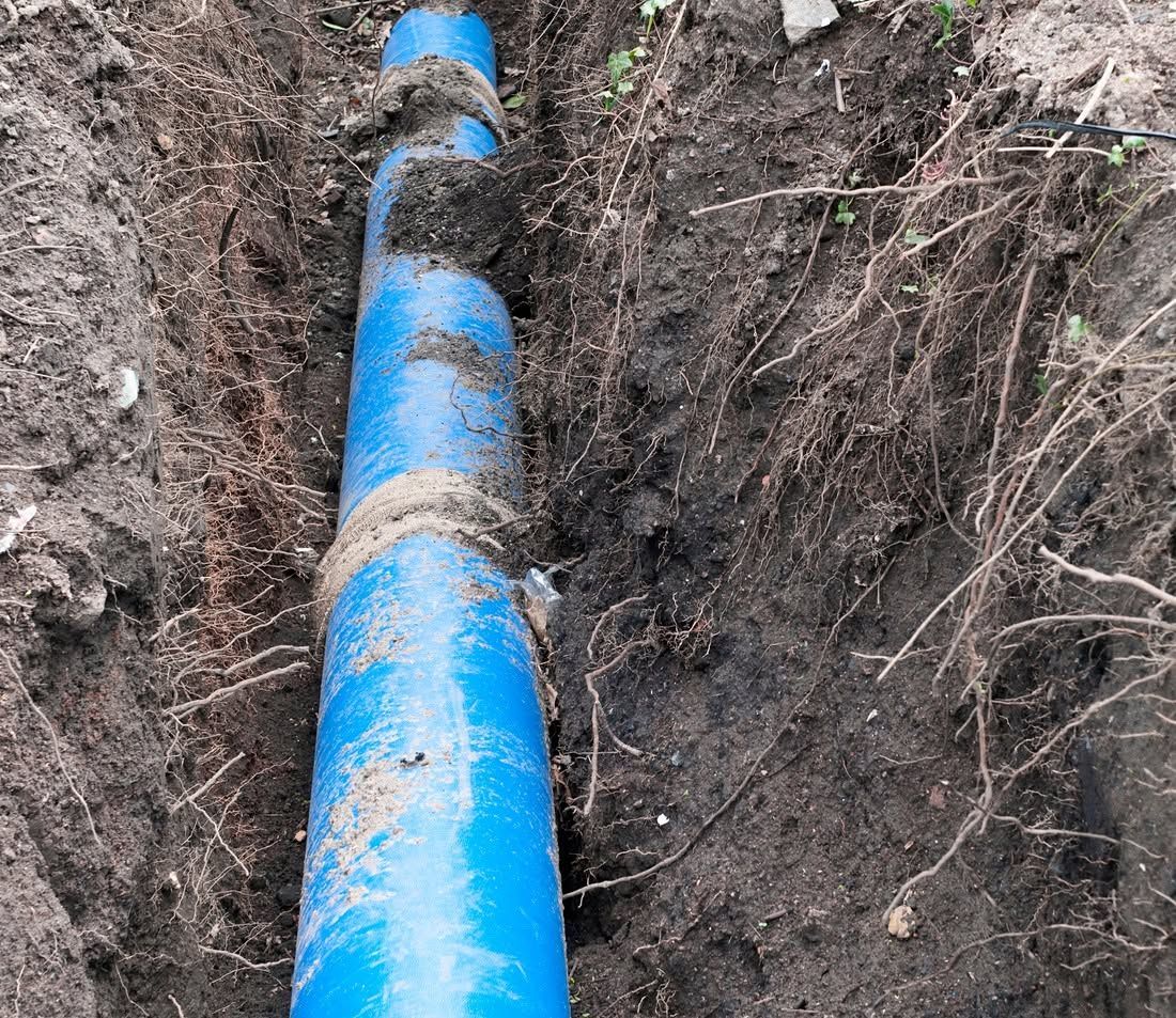 Blue underground pipe in a dirt trench with roots visible along the sides