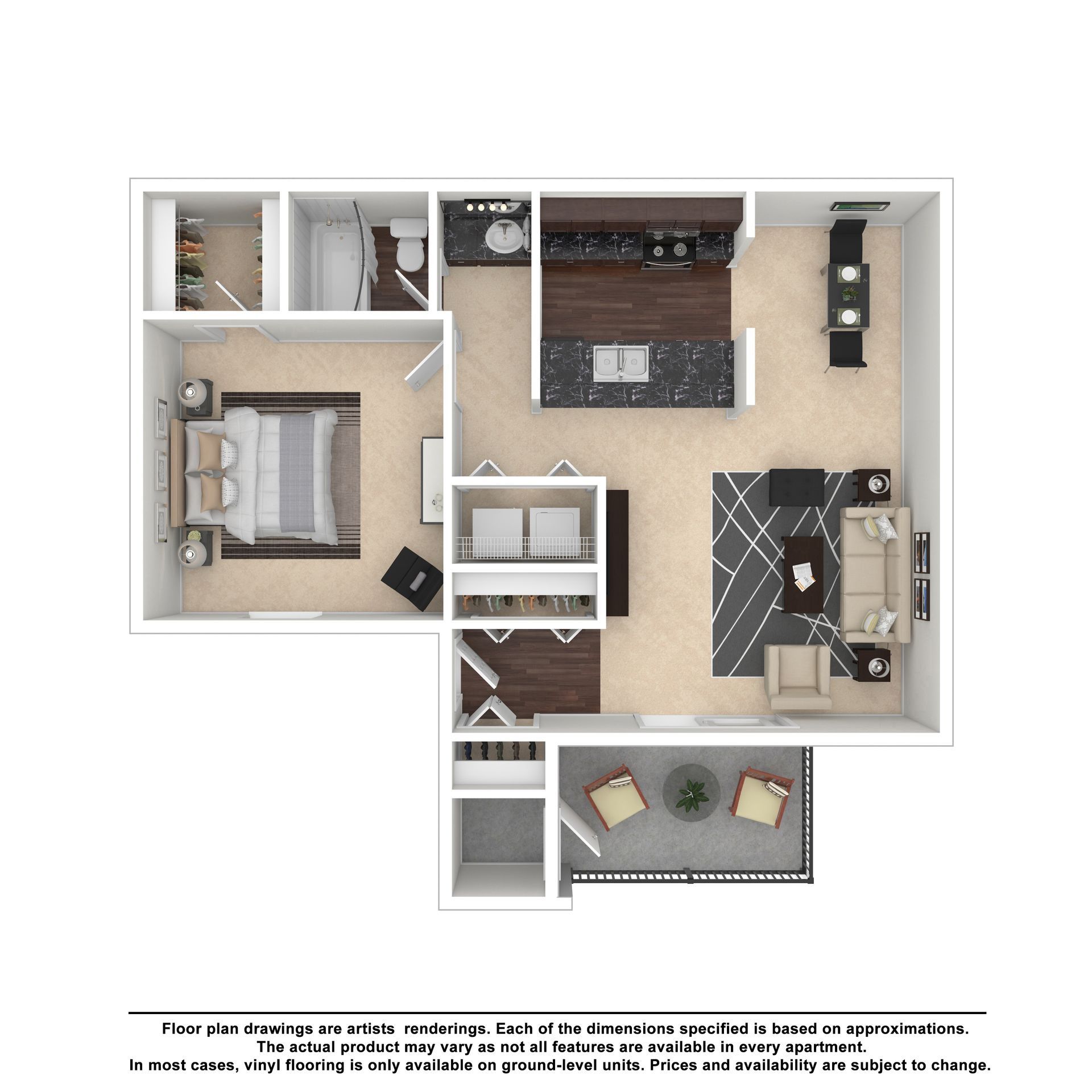 A top-down floor plan of a one-bedroom apartment with a kitchen, living area, bathroom, bedroom, and balcony.