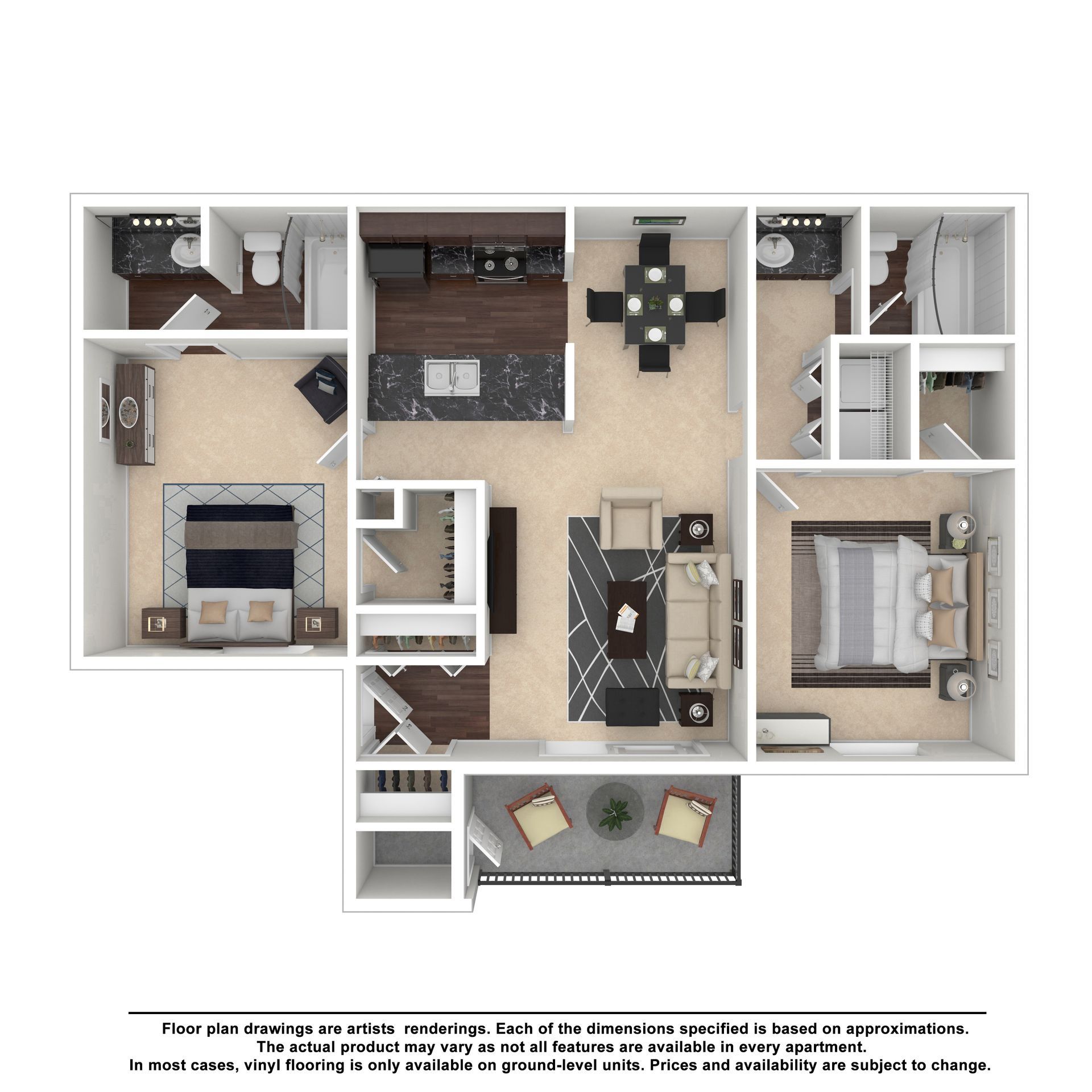 2D floor plan for a two-bedroom, two-bathroom apartment with an open kitchen, dining area, living room, and balcony.