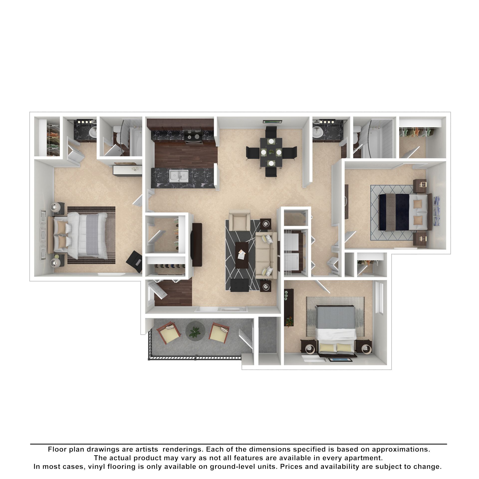A 2D floor plan of a three-bedroom, two-bathroom apartment featuring an open-concept kitchen, dining, and living area.