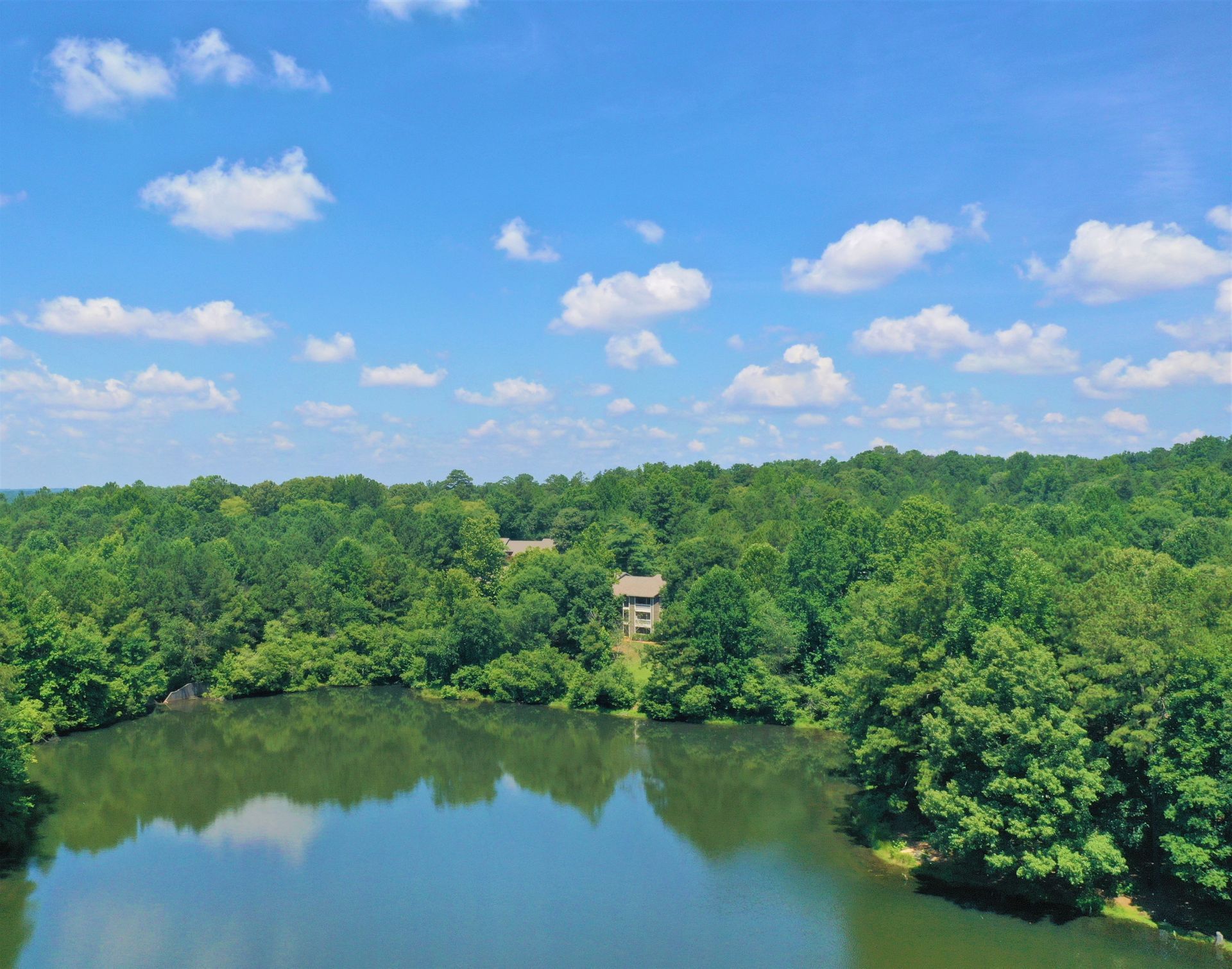 A small house nestled among lush green trees overlooking a calm, reflective lake under a bright blue sky with clouds.