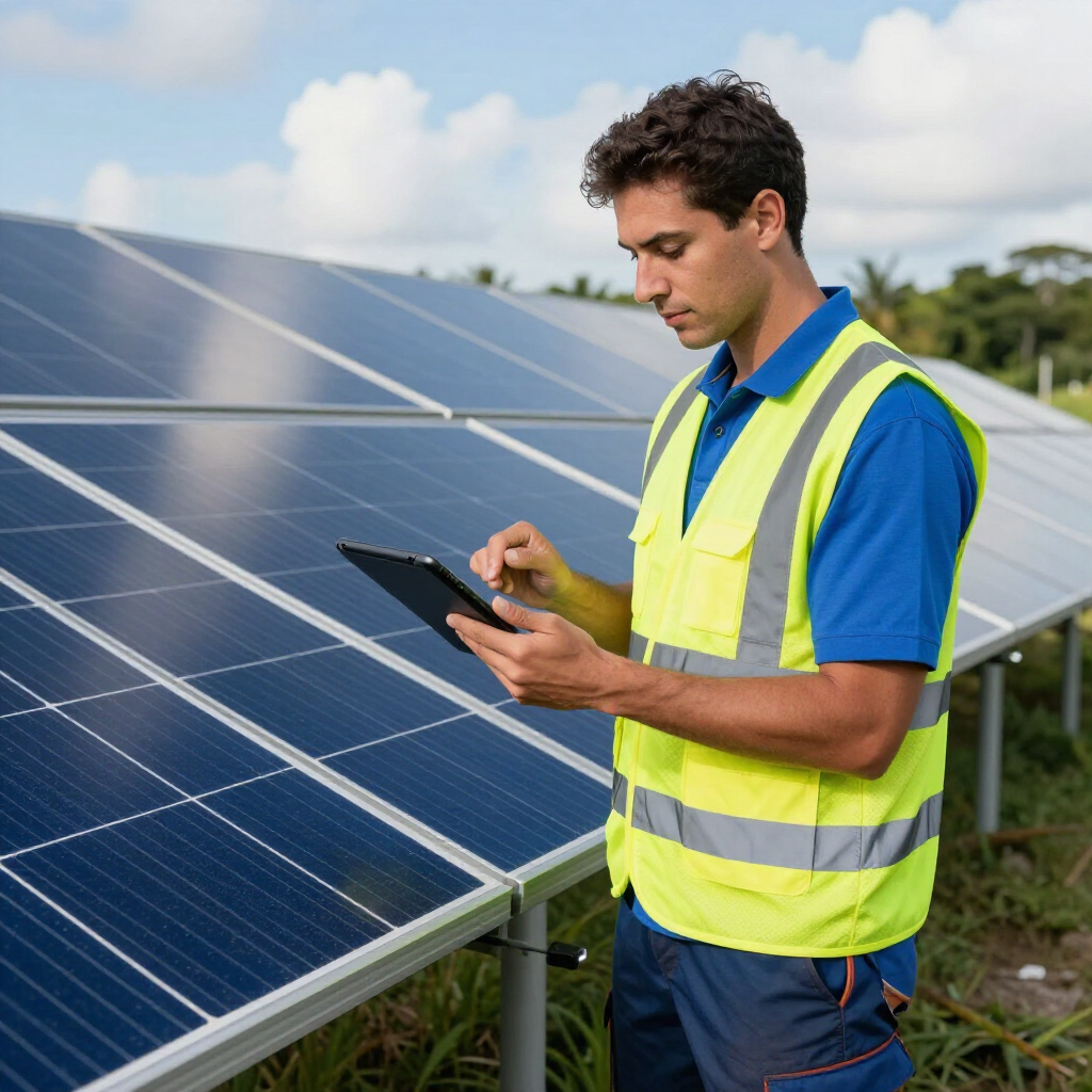 Técnico con chaleco de seguridad inspeccionando paneles solares con una tableta al aire libre.