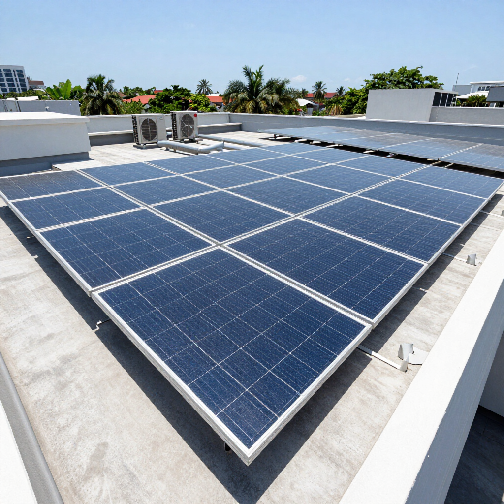 Paneles solares instalados en un tejado plano bajo un cielo despejado.