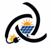 Logotipo de energía solar con sol, paneles azules e icono de enchufe negro en espiral.