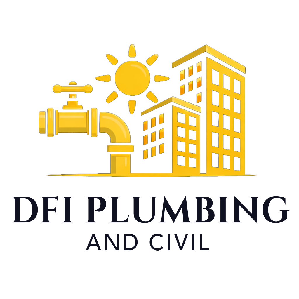 Logo for DFI Plumbing and Civil featuring a yellow faucet, sun, and buildings above the company name in black text.