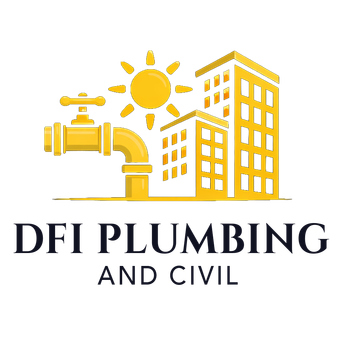 Logo for DFI Plumbing and Civil featuring a yellow faucet, sun, and buildings above the company name in black text.