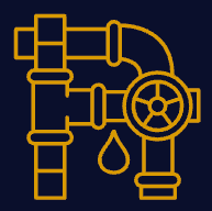 Yellow line art icon of pipes with a valve and a water drop on a dark background, representing a plumbing leak.