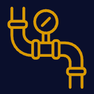 A yellow icon of a pipe segment with an attached circular pressure gauge, set against a dark blue background.