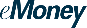 A blue and white logo for emoney on a white background