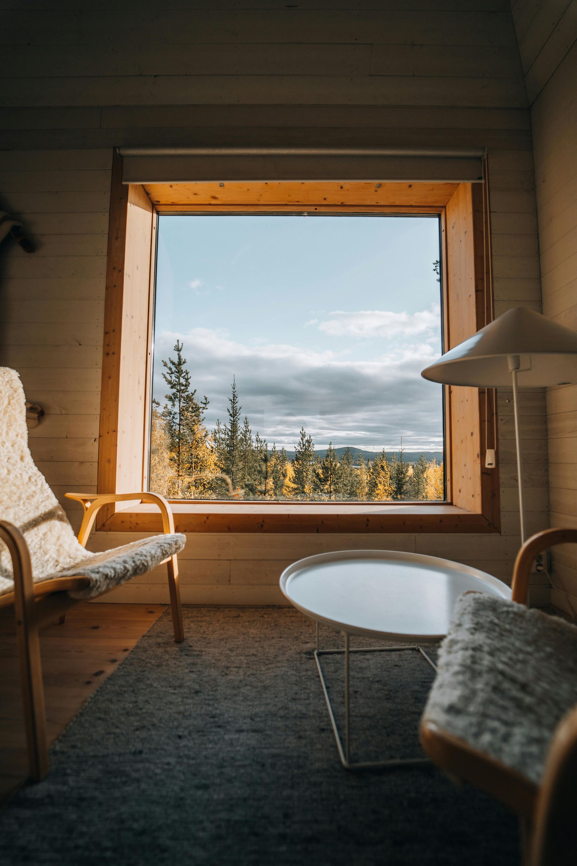 A living room with chairs , a table and a window with a view of a forest.