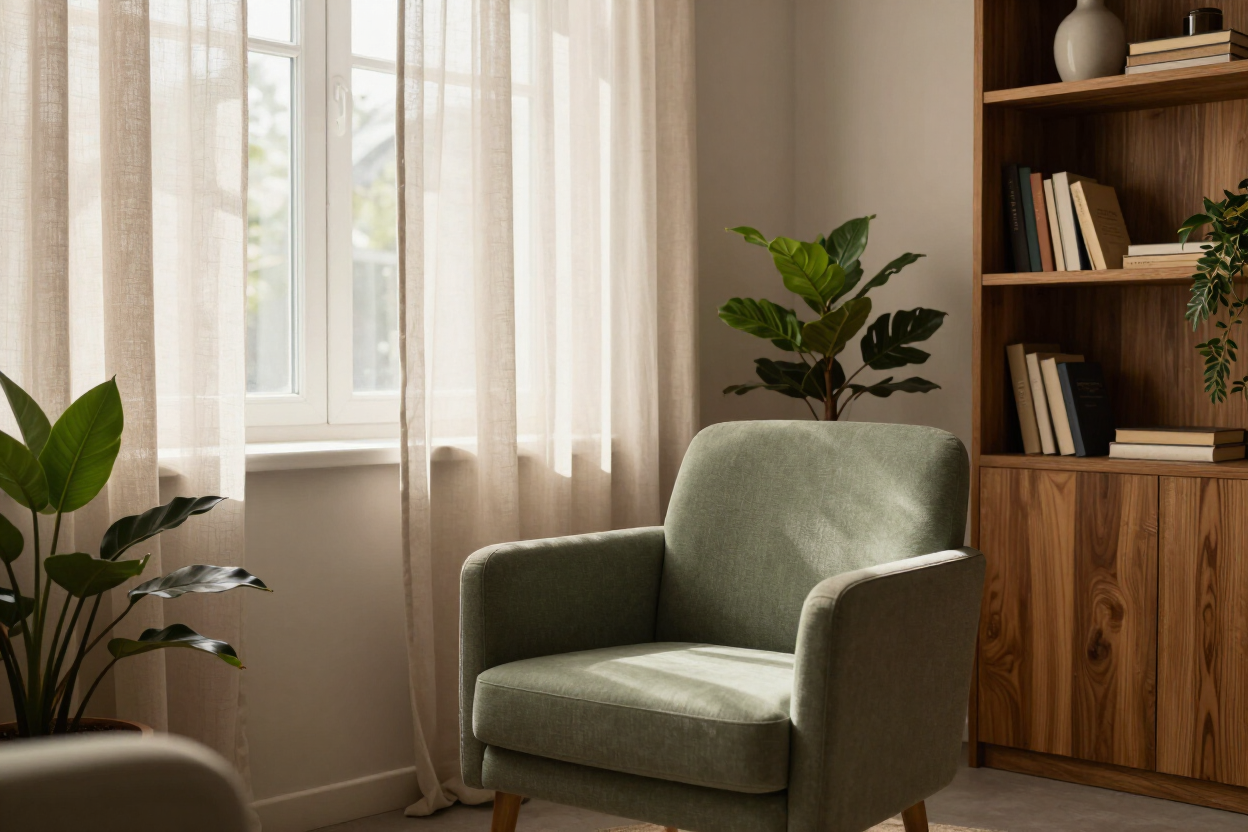 Consultorio cálido y luminoso con tonos tierra, plantas y un sillón de escucha