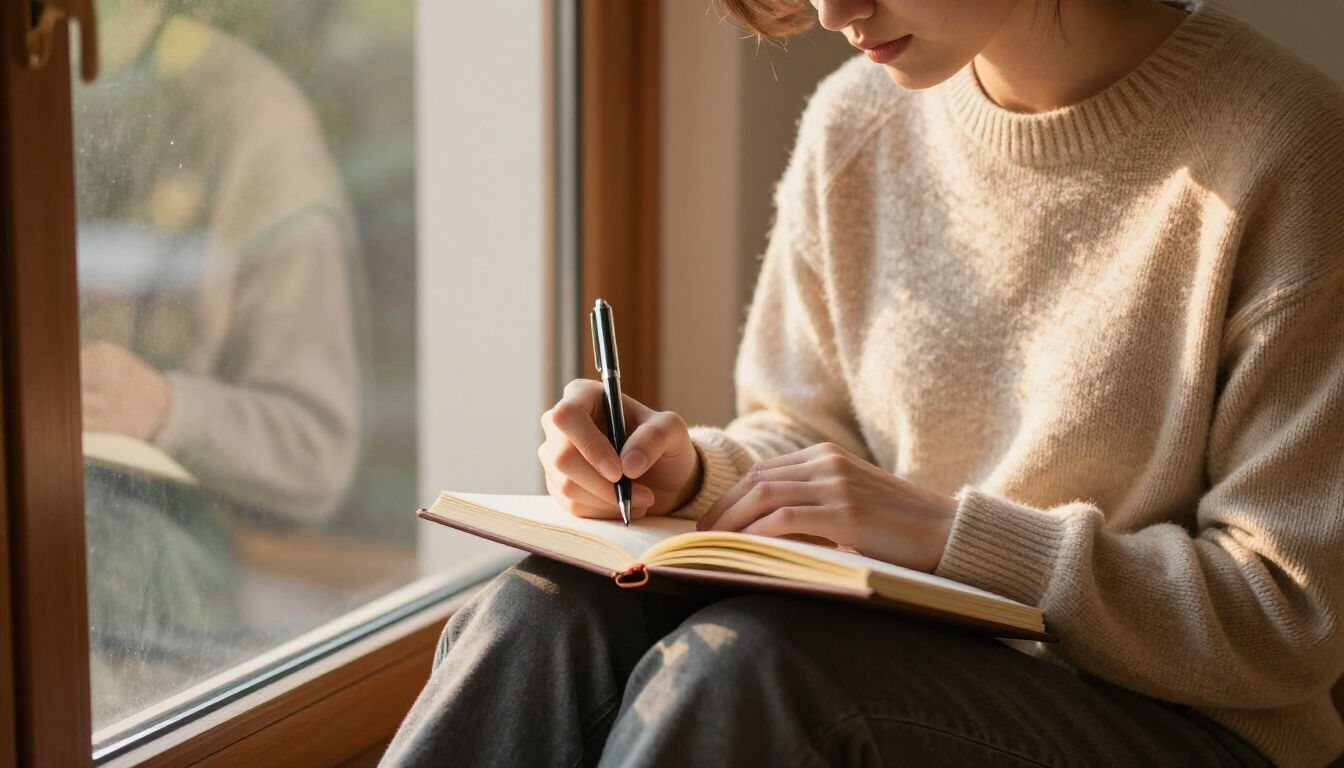 Una persona escribe en un cuaderno junto a una ventana, con un suéter beige.