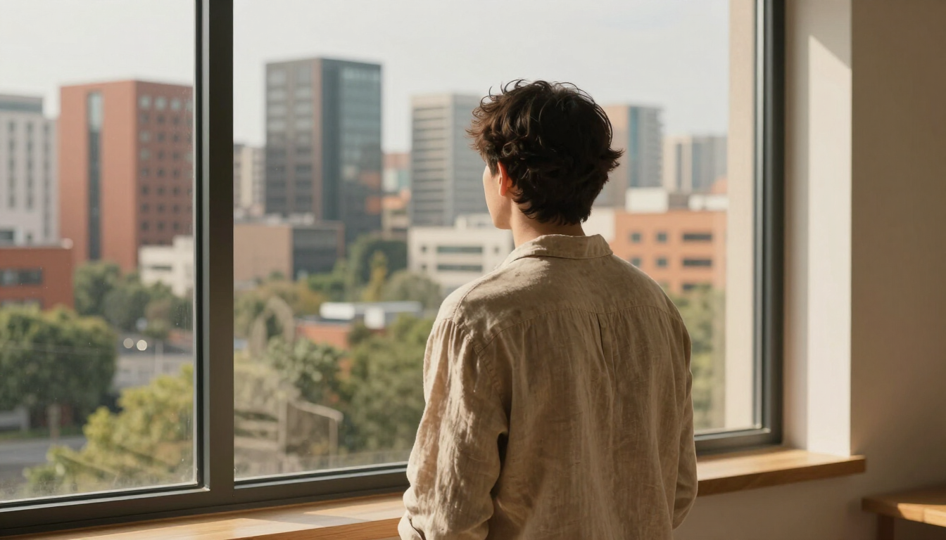 Una persona de pie junto a una gran ventana, mirando los edificios de la ciudad a plena luz del día.