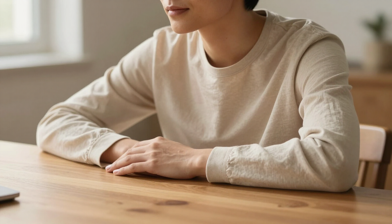 Persona con una camisa beige sentada a una mesa de madera en una habitación luminosa