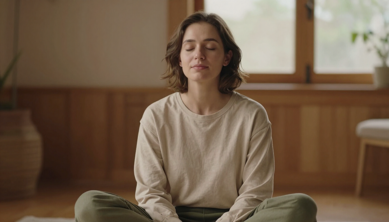 Persona meditando con las piernas cruzadas en una habitación luminosa, con los ojos cerrados y un suéter beige.