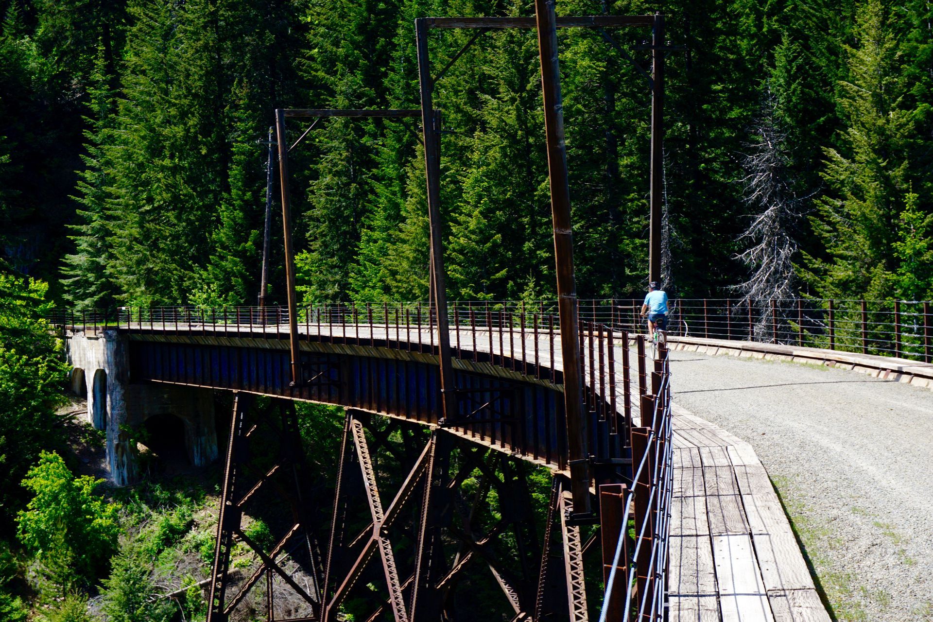 A person walking across a curved, rustic metal trestle bridge set within a lush, green forest.
