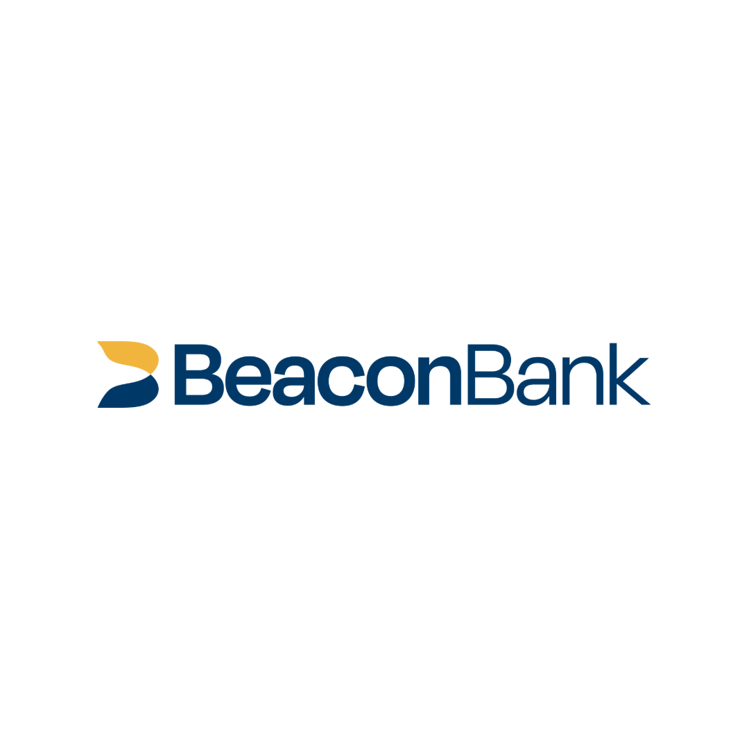 Beacon Bank logo: Blue text and a stylized yellow/blue chevron shape.