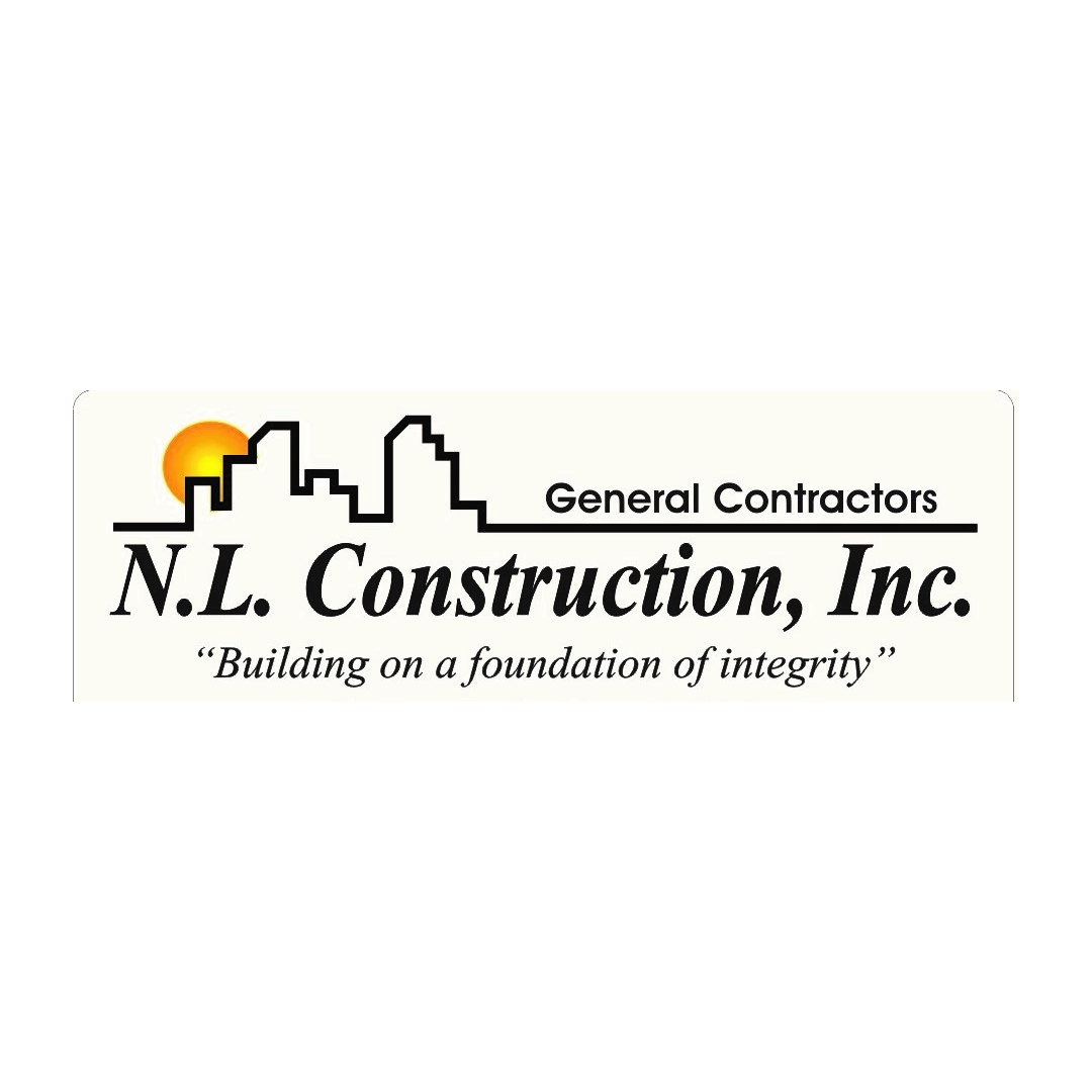 Logo for N.L. Construction, Inc., with a skyline silhouette, sun, and text 