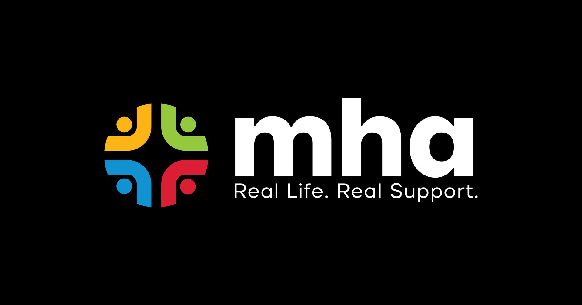 A logo for MHA real life real support on a black background