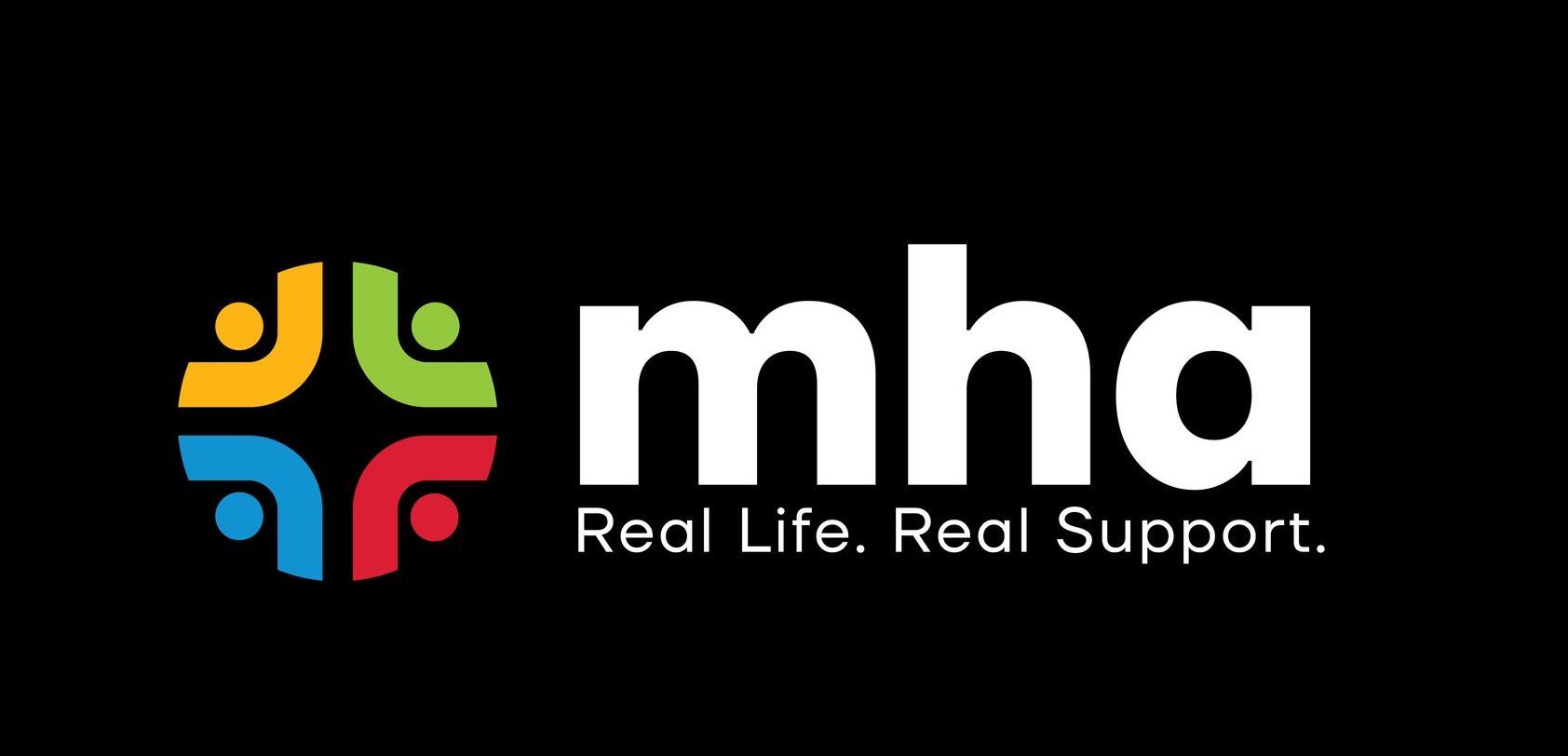 A logo for MHA real life real support on a black background