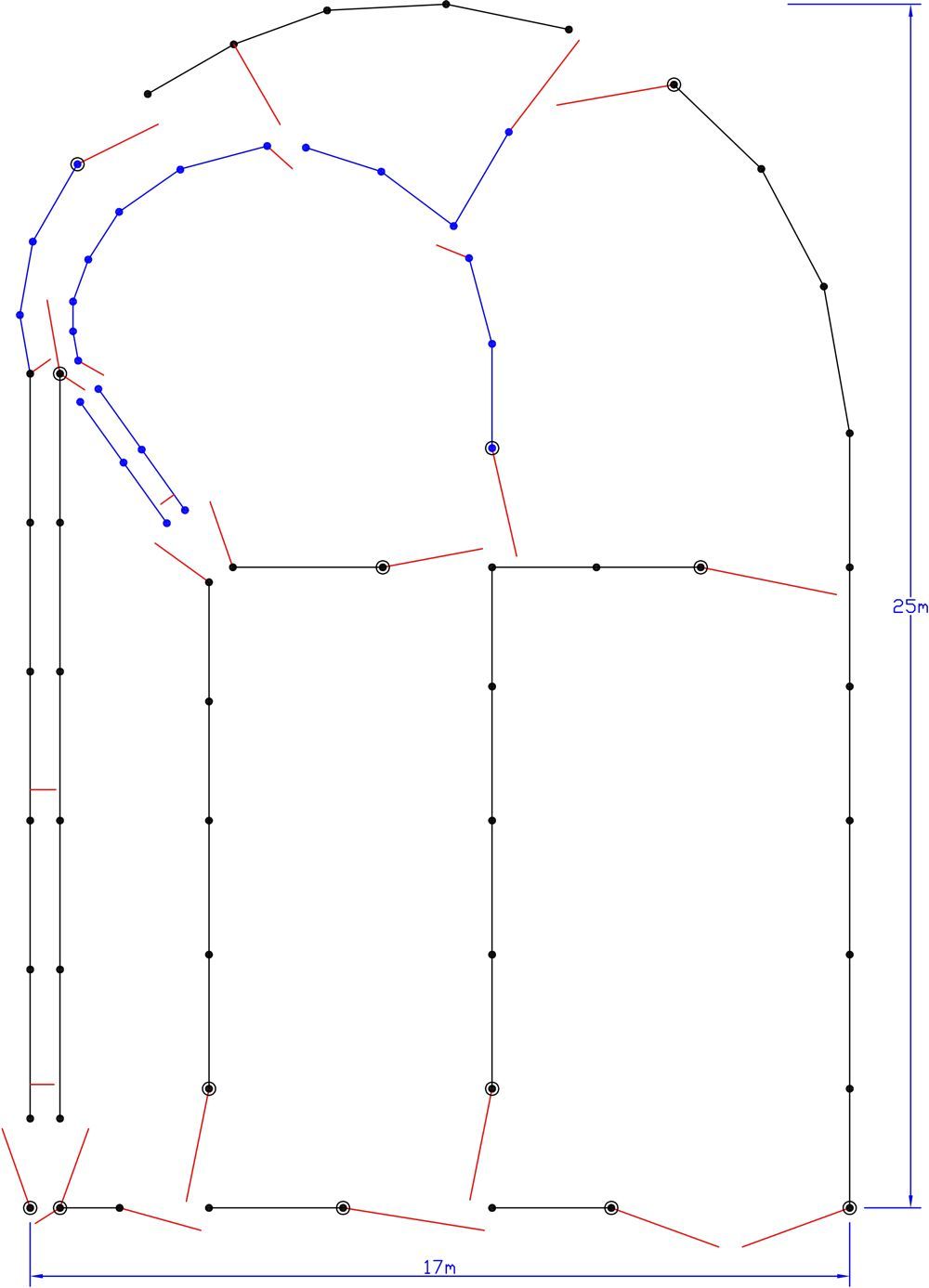 A blue and red drawing of a building with measurements