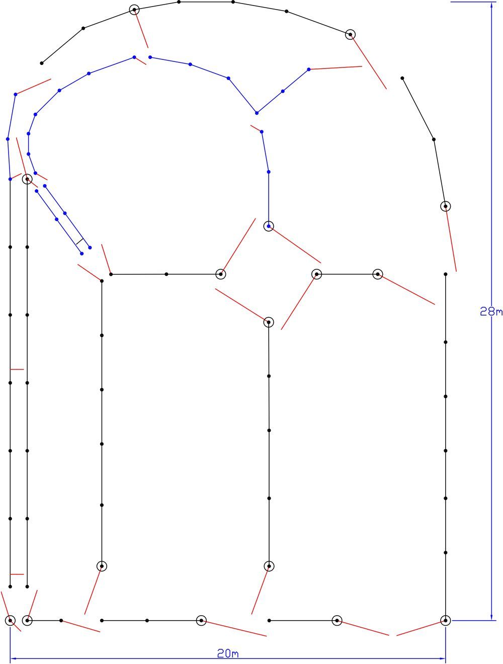 A blue and red drawing of a building with measurements