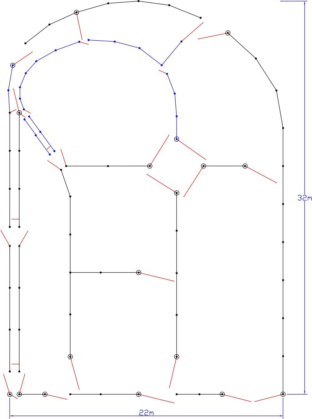 A blue and red drawing of a building with measurements