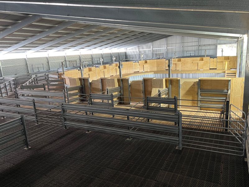 A large building with a lot of fences in it